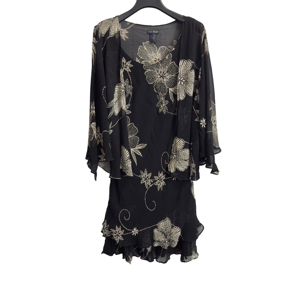 Eva Blue Womens 16 2 Piece Set Dress and Shrug Black Floral Beaded Ruffle Hem